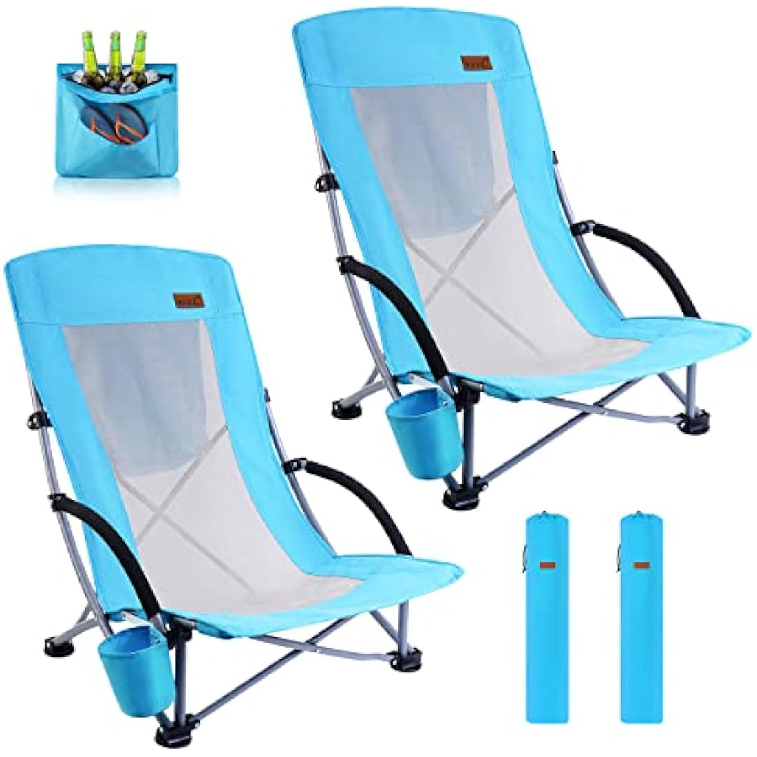 Nice C Beach Camping Chair, Folding Chair w/Cooler High Back, Ultralight Chair with Cup Holder & Carry Bag Compact & Heavy Duty Outdoor, Camping, BBQ, Beach, Travel, Picnic, Festival (2 Of BLUE)