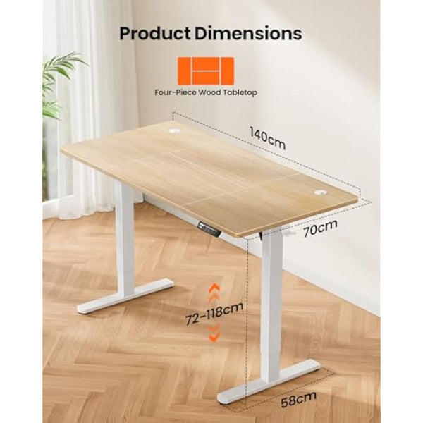 ErGear Electric Standing Desk Height Adjustable 140 x 70cm, Sit Stand Desk with 4 Memory Smart Pannel, Home Office Desk with Splice Board