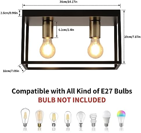 FORCOSO Black Ceiling Lights 2 Lights, Modern Industrial Ceiling Light E27 Flush Mount, LED Metal Cage Ceiling Light Fixture for Bedroom Living Room Kitchen Hallway Staircase max.60W - NO Bulb