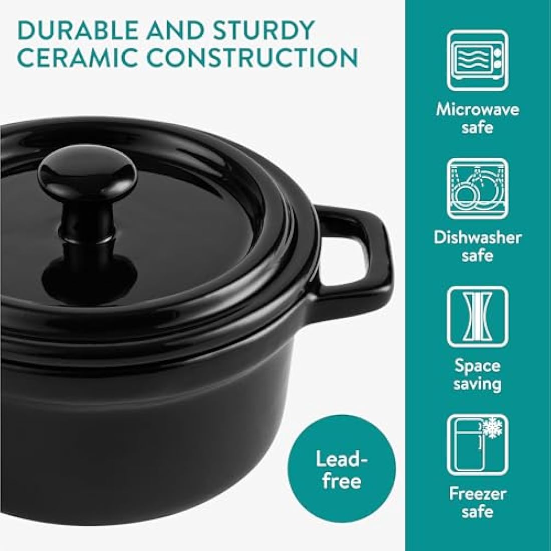 Navaris Small Casserole Dish with Lid - Ceramic Oven Proof Dishes - Mini Baking Casseroles Easy Clean & Store - Single Baking Dishes - Set of 4-237 ml (8 oz) - Black