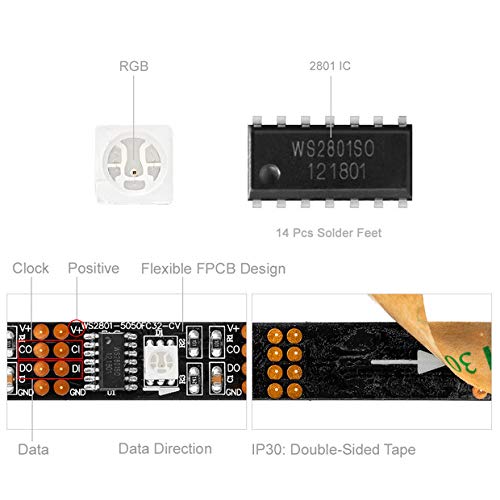 BTF-LIGHTING Individually Addressable WS2801 Light LED Strip 5050 SMD RGB 32LEDs/m 3M 9.8ft 96LEDs IP30 Non-Waterproof Black PCB Pixel Light DC5V 4PIN