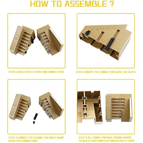 IOUGDSEC Skate Park Kit Ramp Parts for Finger Skateboard Park Kit Part Training Props with 4 Finger Decks 2 Finger Bike 1 Pair Skates and 1 Scooters