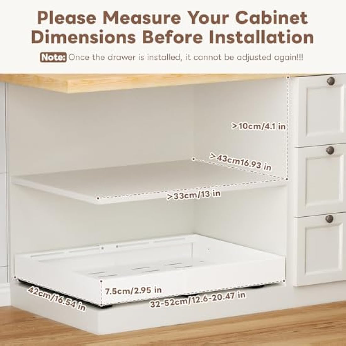 Ihomife 2 Pack Extendable Pull Out Kitchen Drawer - Upgraded Dual Mounting (Screws for Shelfless Cabinets/Nano Tape for Shelved) | Upgraded Heavy-Duty Rails, Space Saving Cabinet Organiser (white)