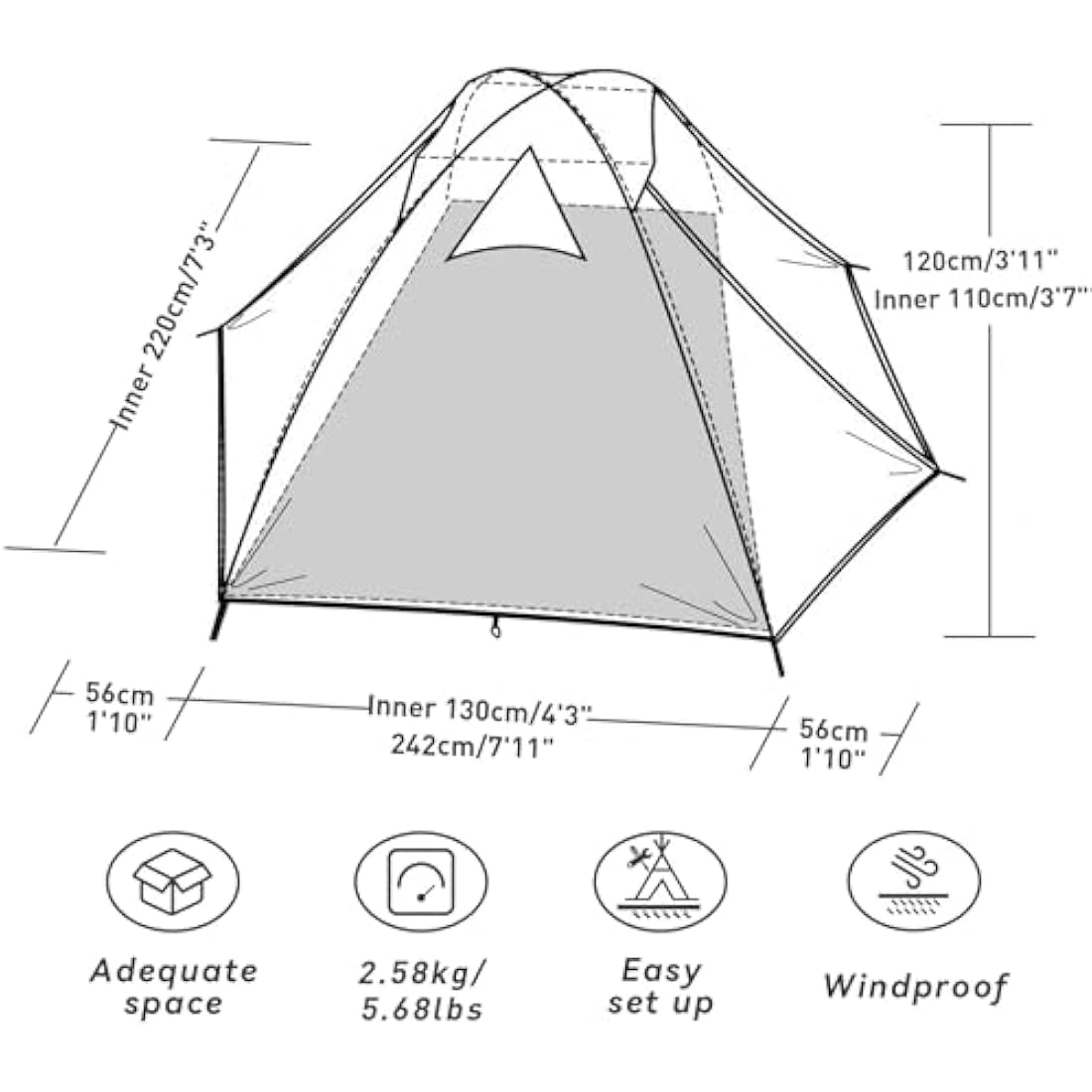 Forceatt Tent, 2-4 Man Tent for Camping, Easy Setup Lightweight Two Doors PU3000mm Waterproof Dome Tent, Windproof Instant Outdoor Tent Suitable for Traveling, Beach, Camping, Hiking, Mountaineering
