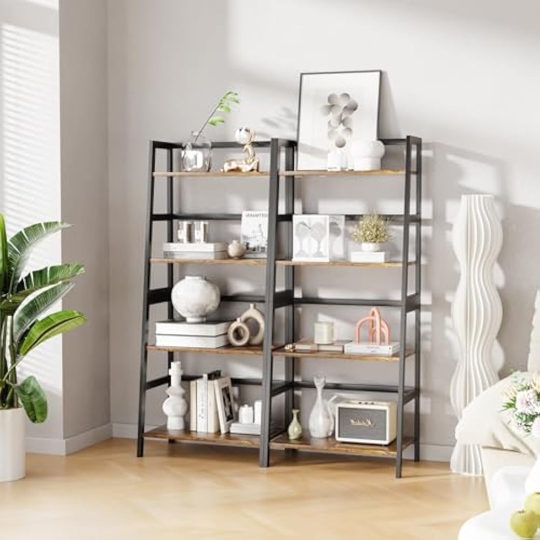 HITNET Ladder Shelf, 4 Tier Bookshelf, Freestanding Bathroom Storage Shelving Unit with Bamboo Frame for Living Room, Home Office, Bedroom, Rustic Brown and Black