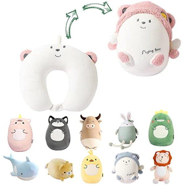 JOYRAVO Kids Travel Pillow - 2-in-1 Deformable Neck Pillow, Soft U-Shaped Pillow with Cute Plush Animals Comfy Sleep and Play Companion for Airplanes, Cars, and Travel - Pink Bear