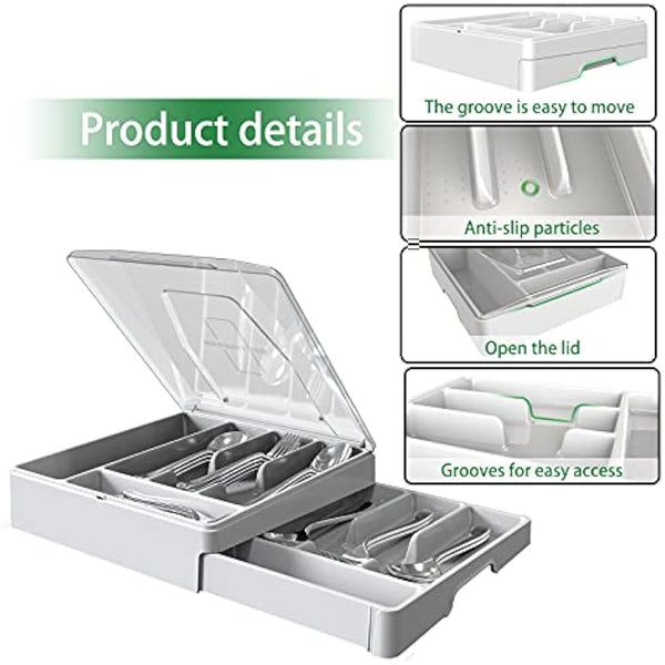 Double Layer Flatware Organizer with Lid, Cutlery Tray for Countertop Silverware Tray for Kitchen Drawers with 2 Tier Utensil Holder and 9 Compartments Silverware Storage Bin (White)