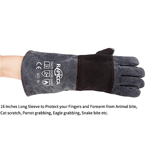 RAPICCA Animal Handling Gloves Bite Proof Reinforced Leather Padding Dog,Cat Scratch,Bird Handling Falcon Gloves Grabbing,Reptile Squirrel Snake Bite 16in/40cm
