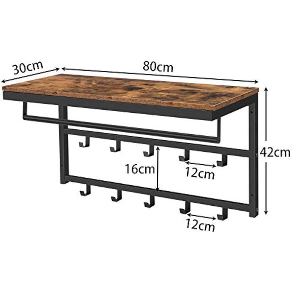 HOOBRO Coat Rack Wall-Mounted, Coat Hook with 10 Hooks and Shelf, 80 x 30 x 42 cm, Hanging Rail, for Entryway, Bathroom, Living Room, Laundry Room, Rustic Brown EBF12YM01