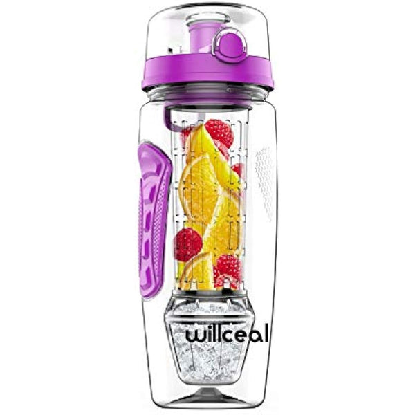 Fruit Infuser Water Bottle 32oz Durable with Detachable Ice Gel Ball,Large - BPA Free Tritan, Flip Lid, Leak Proof Design - Sports, Camping (Purple)