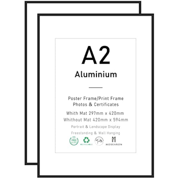 A2 Black Aluminium Certificate Frame,2 Pack Poster Frame with Plexiglass Front , 42x59cm CM Photo Picture Frame for Wall Mounted,Set of 2