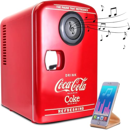 Coca-Cola Mini Fridges for Bedrooms 4L Quiet Small 6 Can Table Top Fridge For Drinks Food Coke Kids Skincare Office Home Desk Portable Retro Cooler Warmer with Built-In Bluetooth Wireless Speaker Red