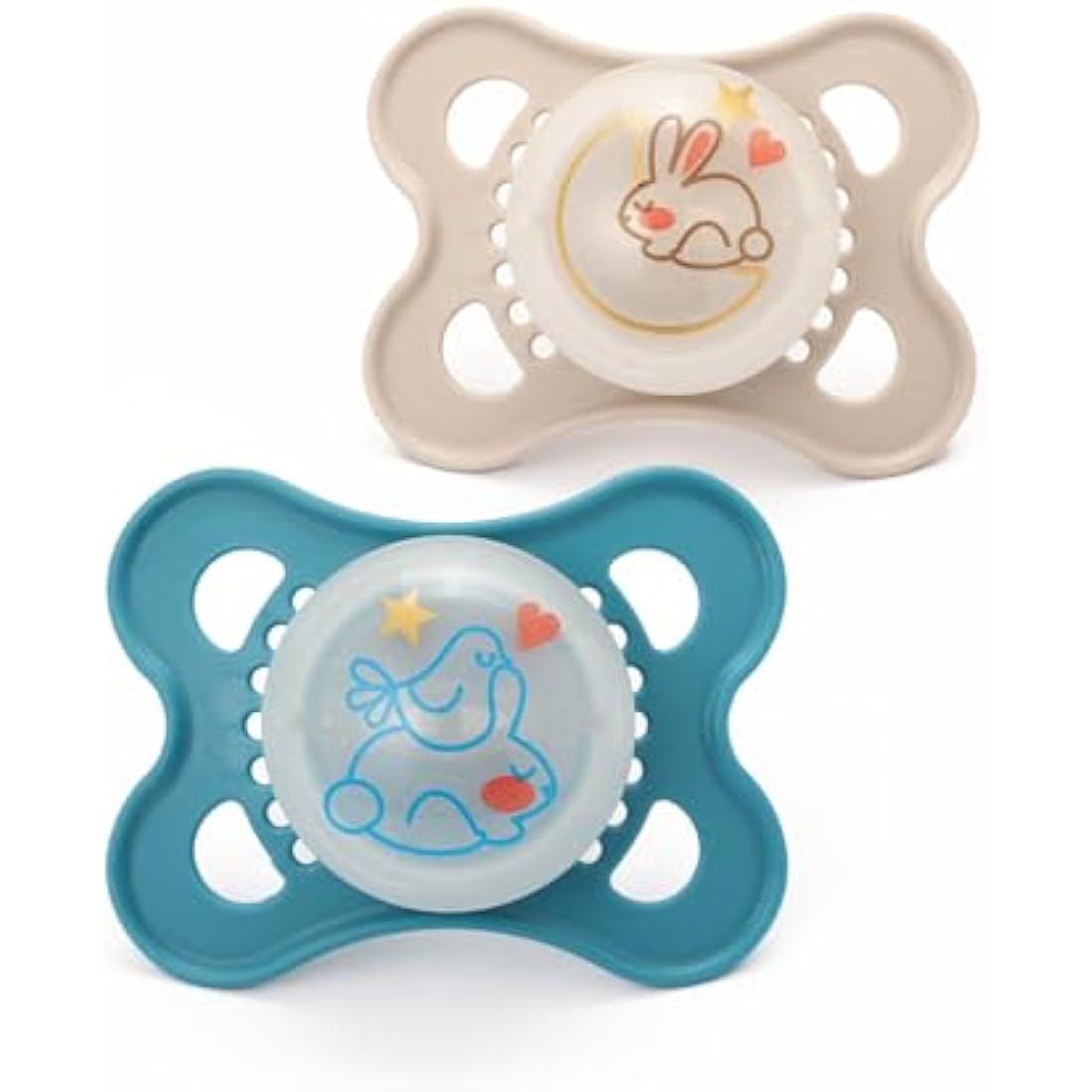MAM Original Night Soothers | 0-6 Months | 2 Pack | Glow in The Dark | Comes in Dummy Steriliser Case | Baby Accessories for Newborn | Blue/Cream (Various Designs)
