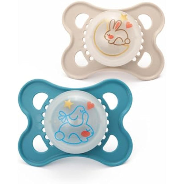 MAM Original Night Soothers | 0-6 Months | 2 Pack | Glow in The Dark | Comes in Dummy Steriliser Case | Baby Accessories for Newborn | Blue/Cream (Various Designs)