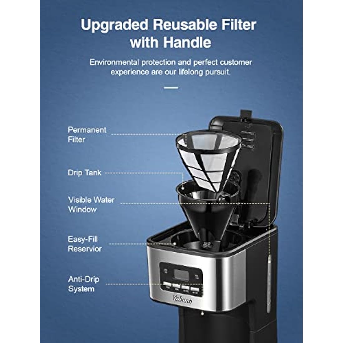 Yabano Coffee Maker, Filter Coffee Machine with Timer, 1.5L Programmable Drip Coffee Maker, 40min Keep Warm & Anti-Drip System, Reusable Filter, Fast Brewing Technology, 900W