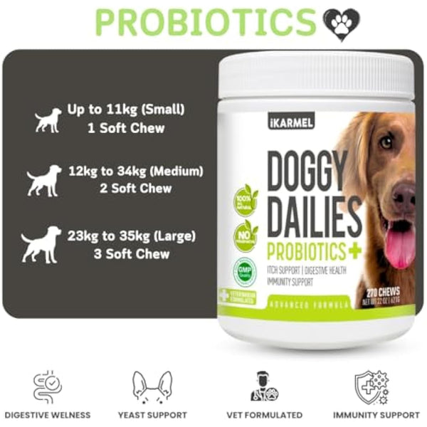 Doggy Dailies Probiotics for Dogs - Canine Supplements for Digestive and Immunity Support - Skin Health and Itch Support - Vitamin Treats - Veterinarian Formulated Probiotic