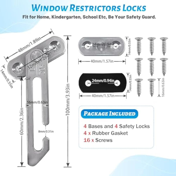 2 Pairs Window Restrictors Locks,Aongray Window Restrictor Hook Window for UPVC Stainless Steel 304 Security Lock Child Lock Restrictor Catch Safety Catch with Screws (Silver,2 Pairs)