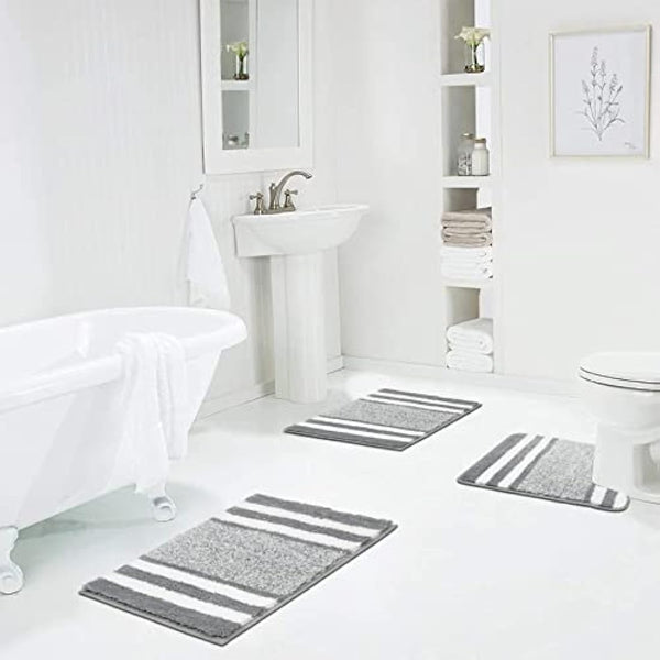Pauwer Bath Mat Set 3 Pieces Bathroom Mat and U-Shape Toilet Mat Set Microfiber High Density Soft Water Absorbent Bath Rug Non slip Shower Rugs for Bathroom
