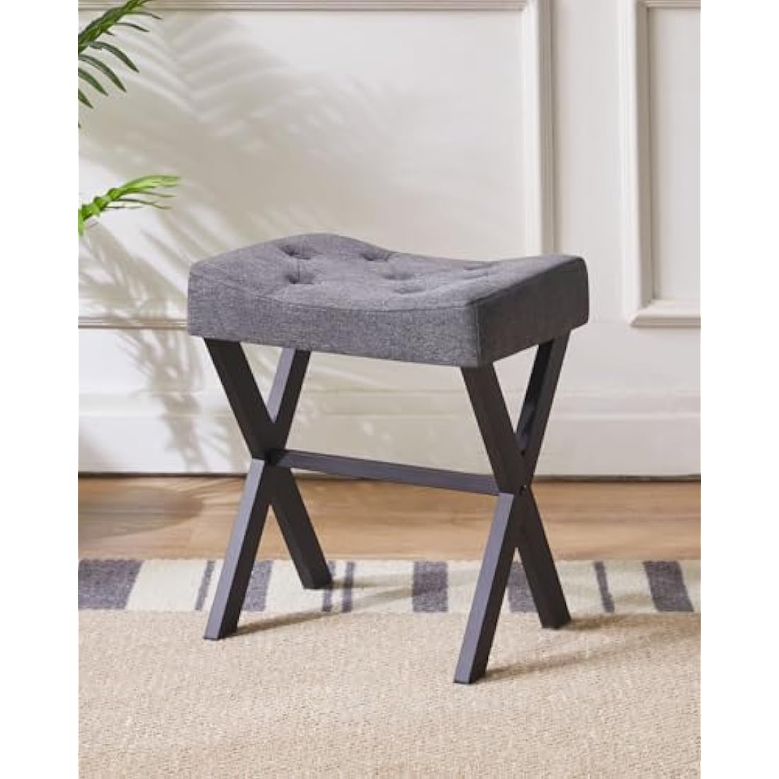 IBUYKE U-shaped Linen Vanity Stool, Square Makeup Stool with X-Leg, Ottoman Seat Footrest Stool, Multi-Use as Small Side Table, for Bedroom, Living Room, Dark Gray WBD018G