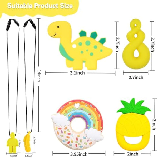 6PCS Sensory Chew Necklace, Teether Chew Toys Safety Food Grade Silicone for Kids Toddlers ADHD, Autistic, Biting Needs, Oral Motor Teether Chew Pendant Toy with Adjustable Buckle for Baby (Yellow)