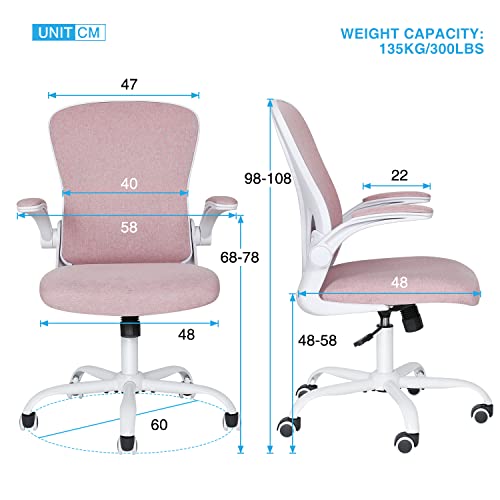 Fullwatt Pink Modern Office Gaming Relaxing Ergonomic Mesh Back Flip-up Armrest Task Chair with Lumbar Support, Mesh Seat, Nylon Wheels, 60cm Seat