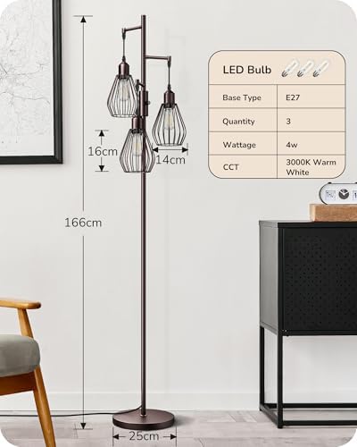 EDISHINE Industrial Floor Lamp, Dimmable Standing Lamp with Wire Cage Lampshade, Floor Lamps for Living Room, Bedroom, E27 Sockets, 3 LED Bulbs Included, Brown Metal