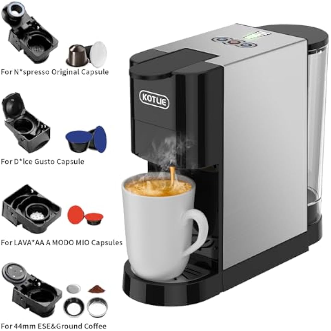 5 in 1 Espresso Single Serve Coffee Machine for Nespresso Original/Dolce Gusto/Mio/L’OR/Ground Capsule and ESE Coffee Pods,19Bar Multi-Capsule Coffee Machine (AC-513HF) (BLACK-HF)