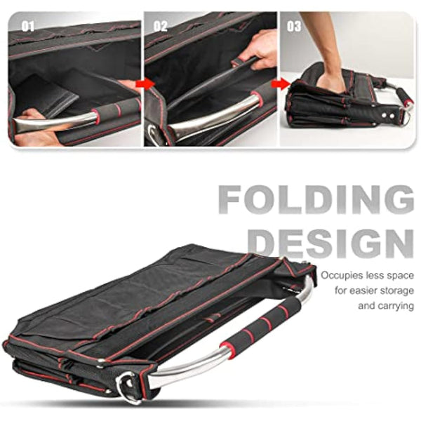 HAUTMEC 18 Inch Foldable Tool Tote Bag, Open Top Tool Bag with 27 Pockets and Removable Partition, Portable Tool Organizer with Adjustable Shoulder Strap & Water-Resistant Molded Base – HT0020