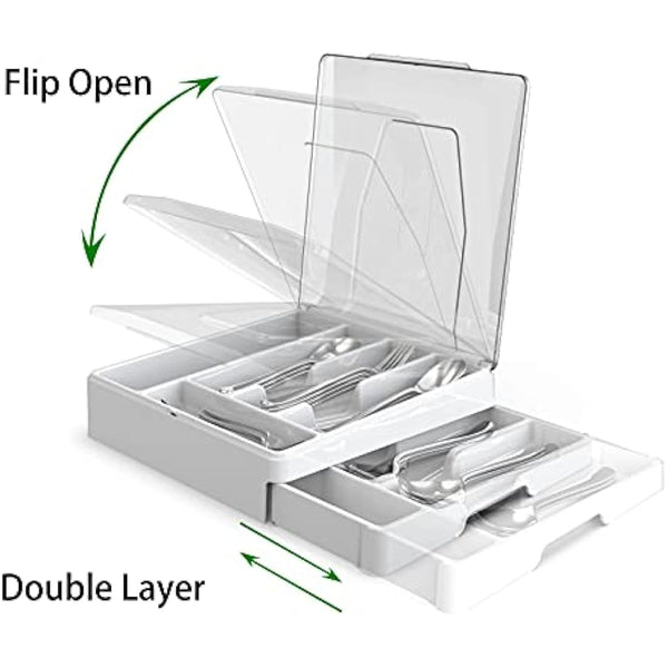 Double Layer Flatware Organizer with Lid, Cutlery Tray for Countertop Silverware Tray for Kitchen Drawers with 2 Tier Utensil Holder and 9 Compartments Silverware Storage Bin (White)