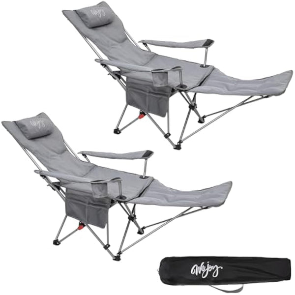 #WEJOY Camping Chairs Folding Recliner Chair Adjustable with Detachable Footrest Headrest Cup Holder Lightweight Portable Padded Reclining Camp Chair Fold Up Chair for Beach Garden,Grey Set of 2