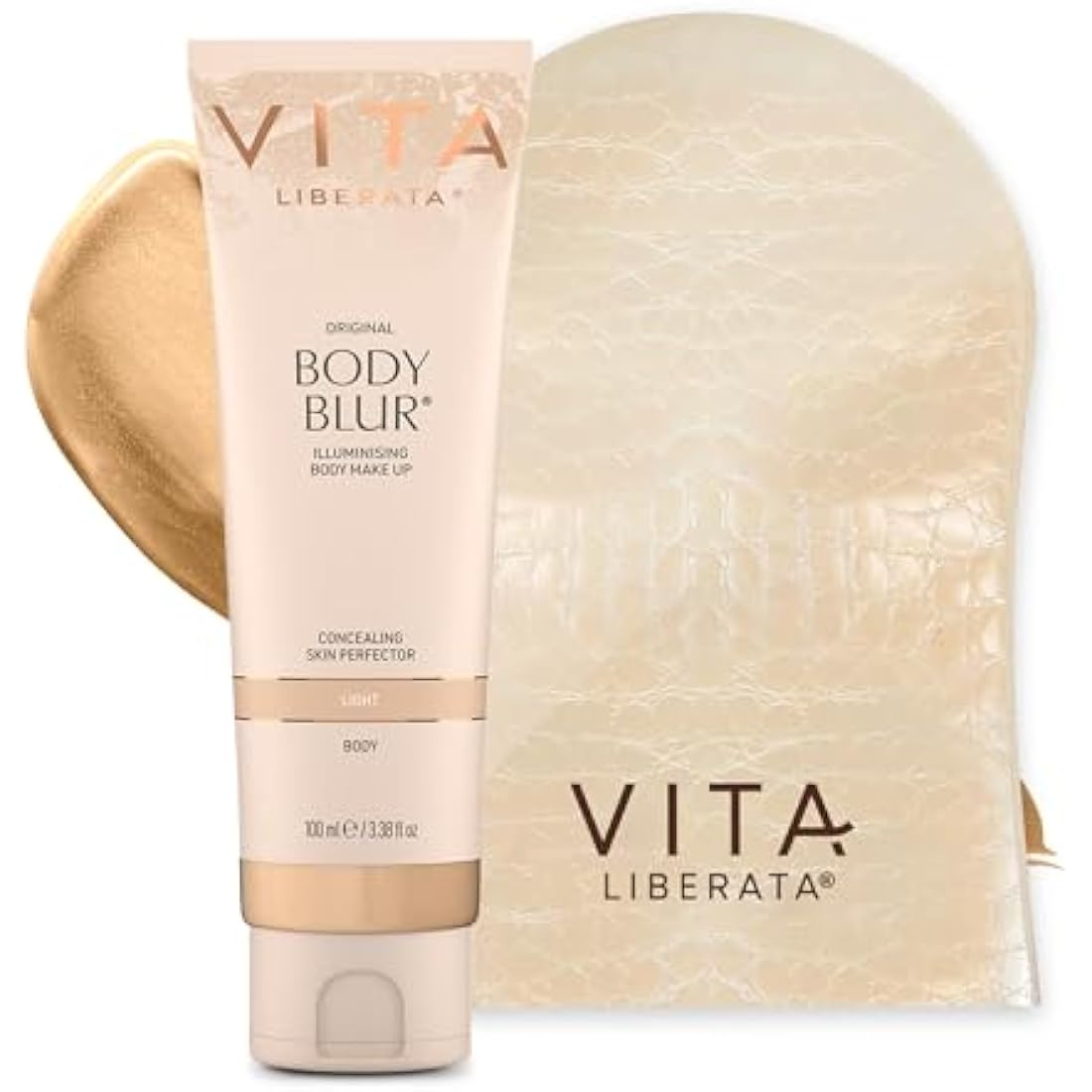 VITA LIBERATA Body Blur Light 100ml & Mitt Bundle, Leg & Body Makeup, Skin Perfector, Wash Off Instant Tan, Streak Free Application Blending Brush, Water resistant, Disguise Imperfections