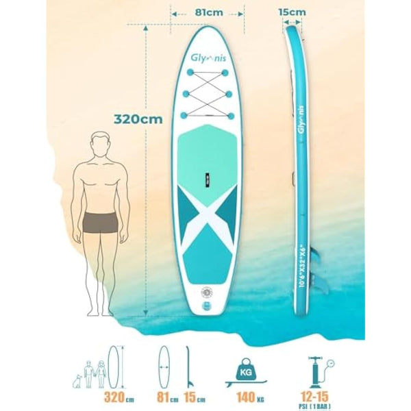Glymnis Inflatable Stand Up Paddle Board 10'6"×32"×6" SUP Paddleboard with Adjustable Paddle, Pump, Backpack, Leash, Fin, Repair Kit, Non-Slip Paddle Boards for Adults & Youth