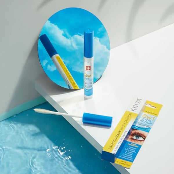 Eveline Cosmetics Lash Therapy Professional Total Action 8-in-1 Concentrated Eyelash Serum with Argan Oil, D-Panthenol & Hyaluronic Acid - Nourishing & Strengthening Formula for Thicker, Fuller Lashes