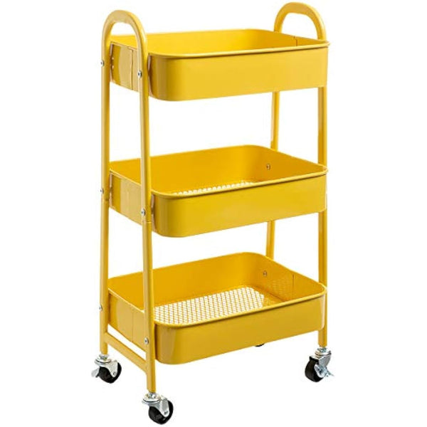 DOEWORKS 3 Tier Storage Trolley on Wheels Rolling Kitchen Trolley Craft Trolleys Beauty Trolleys Metal Storage Utility Cart for Books Room Bathroom Office, Yellow