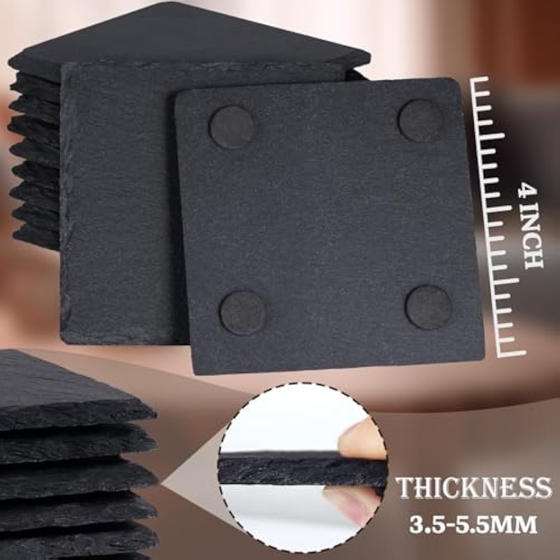 36 Pieces Slate Drink Coasters, GOH DODD 4 Inch Black Coasters Stone Coaster Set, Laser Engraving Blanks with Anti-Scratch Bottom for Home Office Kitchen Housewarming Gifts Wedding Party, Square