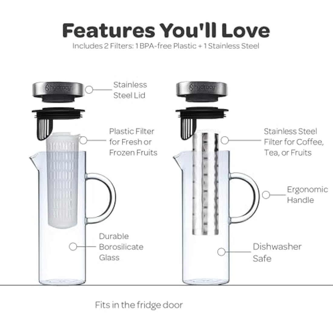 Hydracy Glass Infusion Carafe 1.5L with Handle- Cafetières Hot Coffee Server - Iced Coffee & Iced Tea Jug with Stainless Steel Lid and Filter - Extra Fruit Infusion Tube - Dishwasher Safe Pitcher