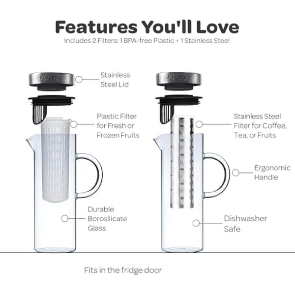 Hydracy Glass Infusion Carafe 1.5L with Handle- Cafetières Hot Coffee Server - Iced Coffee & Iced Tea Jug with Stainless Steel Lid and Filter - Extra Fruit Infusion Tube - Dishwasher Safe Pitcher