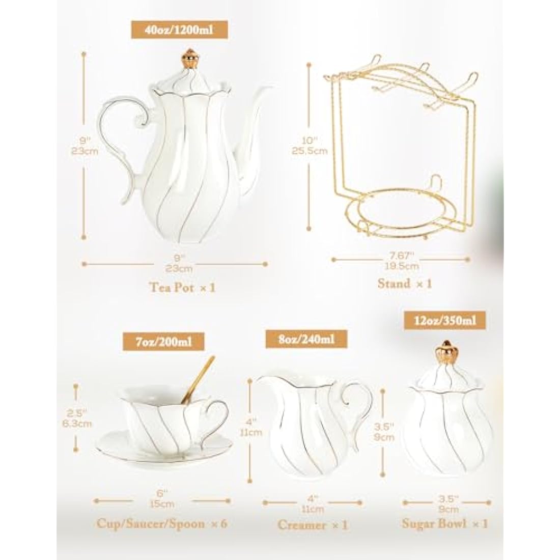 DUJUST 22 pcs White Porcelain Tea Set for 6, Luxury British Style Tea/Coffee Cup Set with Golden Trim, Beautiful Tea Set for Women, Tea Party Set, Gift Package (Including a Stand) - White