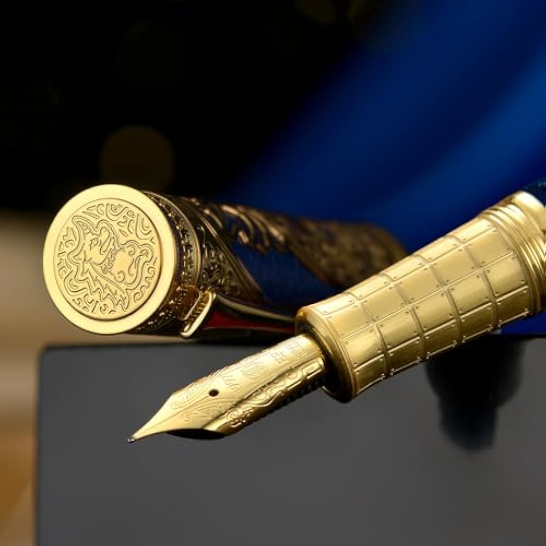 Hongdian D5 Qin Dynasty Fountain Pen Blue Gold, Extra Fine Nib Piston Filling Pen, Retro Chinese Totem Engraving Smooth Writing Pen with Pen Box Set