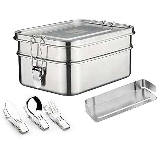 nicelock Stainless Steel Lunch Box Large, 2 Tier (760ml+1200ml) Metal Bento Box Leak-Proof Sandwich Salad Food Storage Container with Adjustable Compartment, Folding Cutlery Set for Adult Women Men