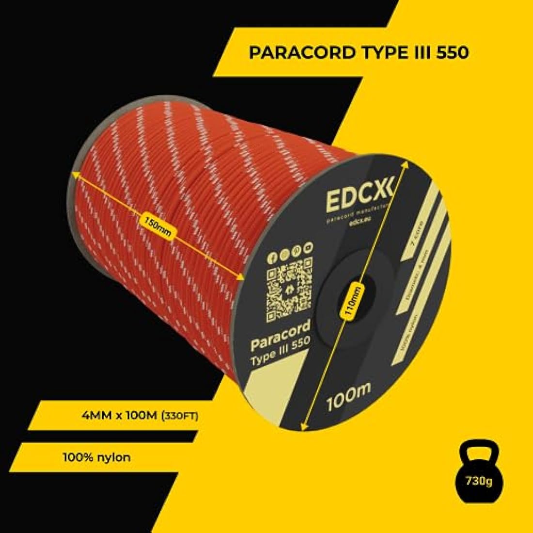 EdcX 4mm Rope 550 - Type III, 100% Rope, 7 Strand Rope, 4mm Rope in Solid Colors