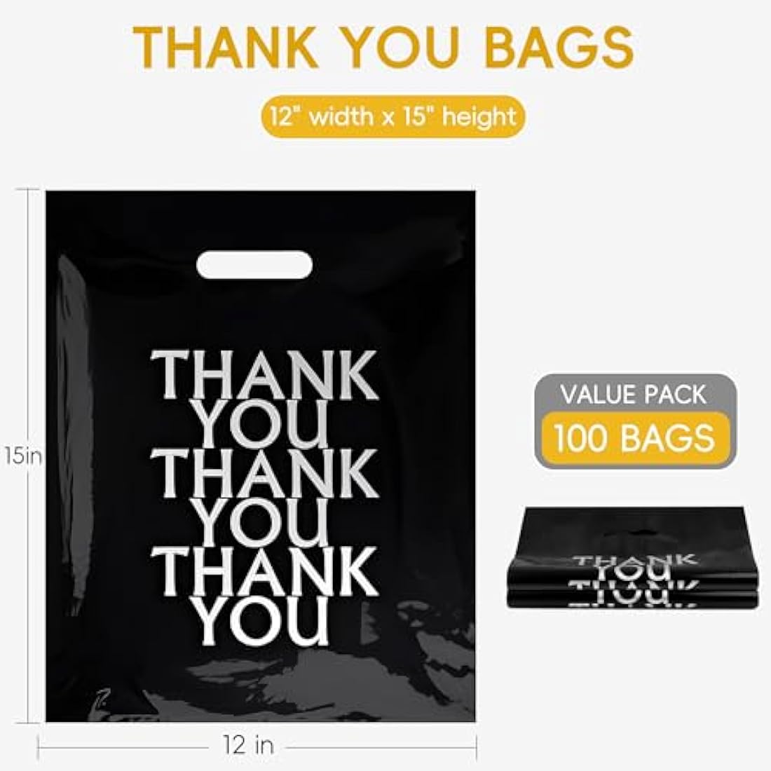 POPGIFTU 100 Pack Thank You Carrier Bags Black - 30x38cm Merchandise Retail Plastic Carrier Bags with Handles for Shopping, Gifts, Boutique, Stores, Business, Market Stall, Trade Shows, Wholesale