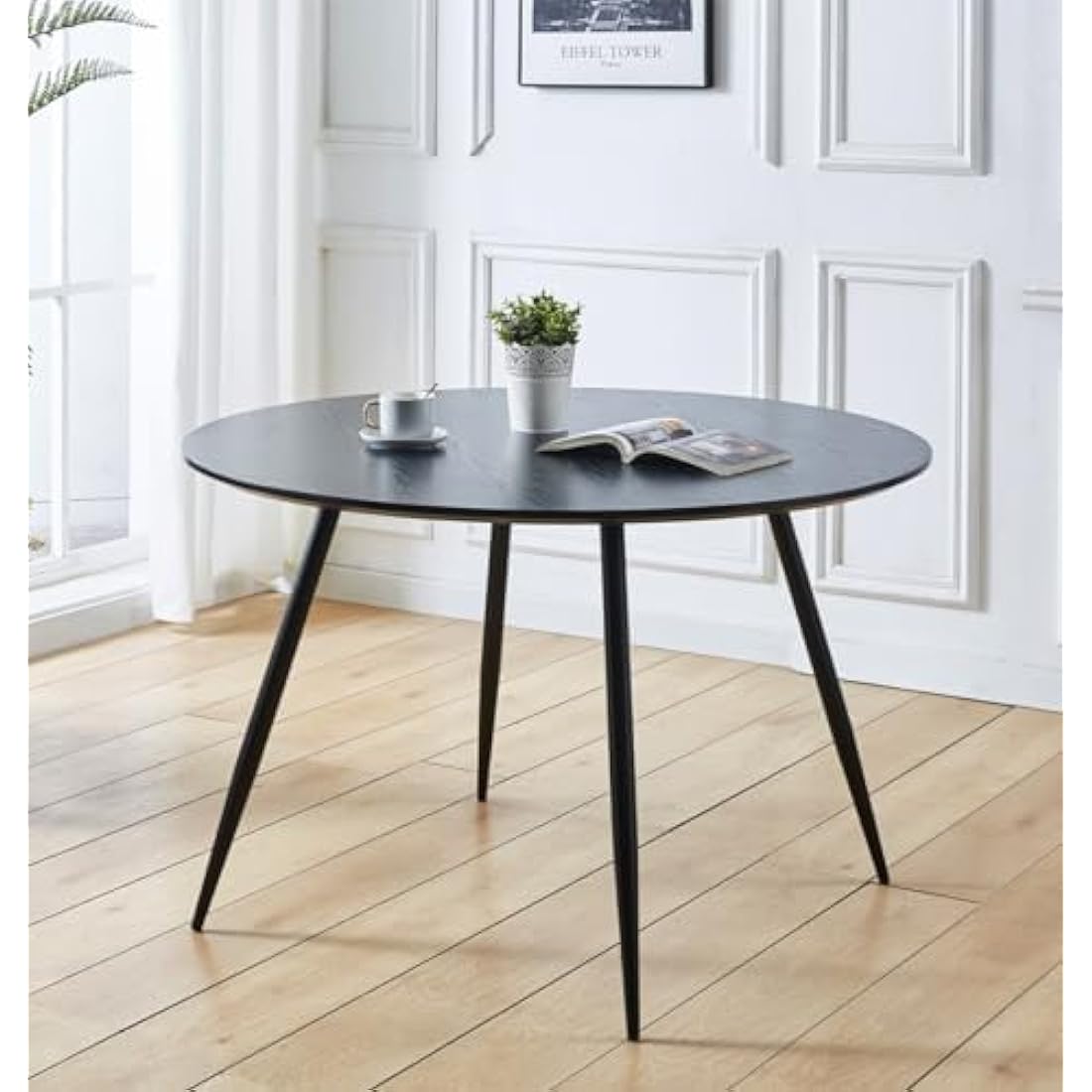 Hallowood Furniture Cullompton Large Black Dining Table with Black Metal Legs, Wooden Effect Top 4-6 Seater Round Table for Dining Rooms, Kitchens, or Cafés