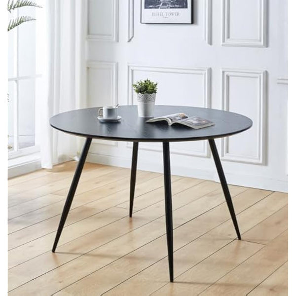 Hallowood Furniture Cullompton Large Black Dining Table with Black Metal Legs, Wooden Effect Top 4-6 Seater Round Table for Dining Rooms, Kitchens, or Cafés