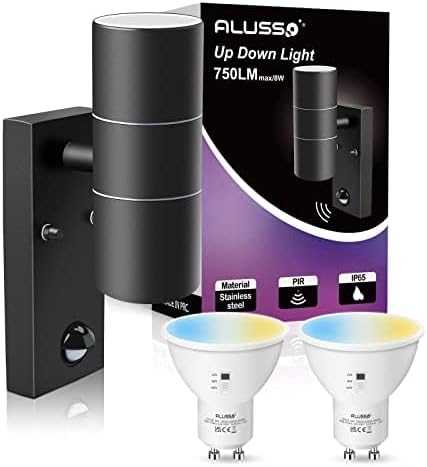 ALUSSO Motion Sensor Outdoor Wall Lights IP65, Stainless Steel Up Down Lights 3000K/4000K/6000K Selectable, 2x 8W GU10 Bulb Included,Outside Security Lights Mains Powered Sconce Wall Mounted for Porch