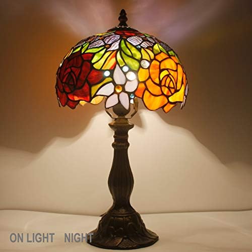 4MYHOME Tiffany Style Table Lamp Stained Glass Bedside Lamp Red Rose Desk Reading Light 10X10X18 Inches Decor Bedroom Living Room Home Office S001 Series