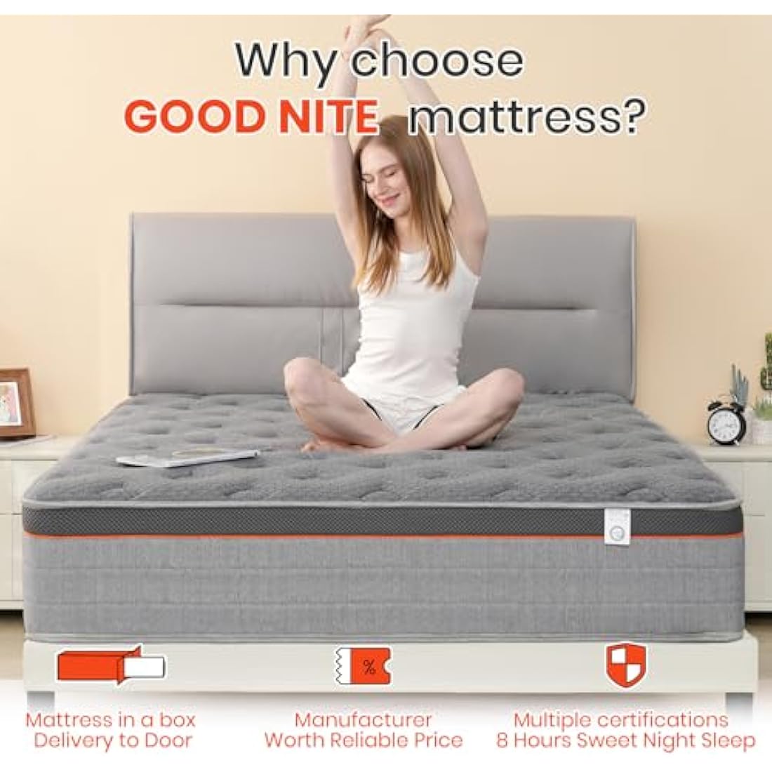 Good Nite Single Mattress Pocket Springs 3FT 10 Inch Hybrid Medium Firm Bed 90x190x25cm with 9-Zone Support Reinforced Edges Breathable Grey Knit Fabric Mattress in a Box