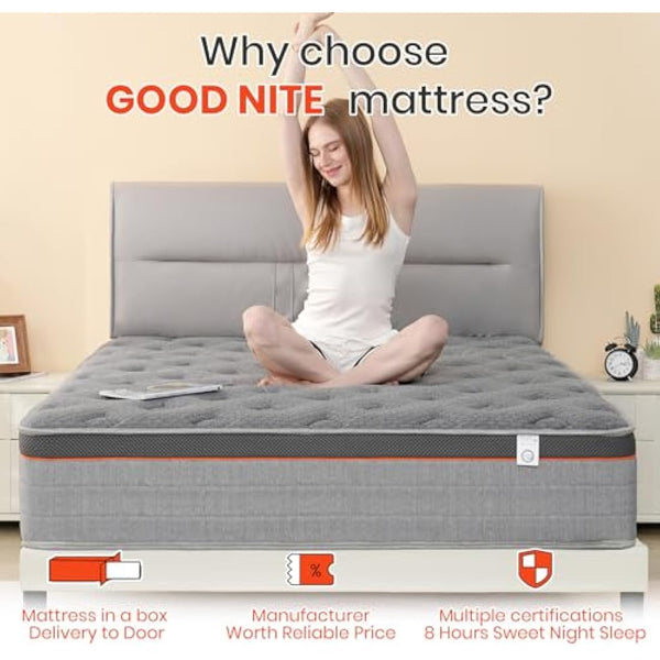 Good Nite King Size Mattress Pocket Springs 5FT 10 Inch Hybrid Medium Firm Bed 150x200x25cm with 9-Zone Support Reinforced Edges Breathable Grey Knit Fabric Mattress in a Box