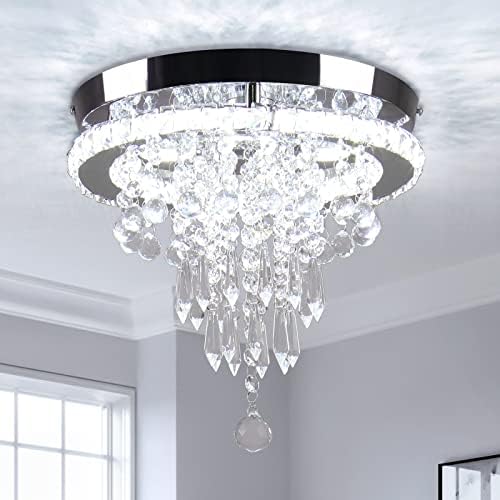 FRIXCHUR 11.8" Crystal Chandelier Crystal Ceiling Light Modern LED Chandeliers Flush Mount Ceiling Lighting Fixture for Bedroom Hallway Dinning Room (Cool White)