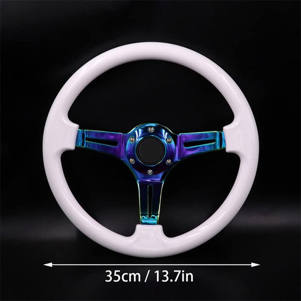 350mm Green Racing Steering Wheel Neo Chrome Spoke Universal 6 Bolts 45mm Deep Dish Classic ABS Wood Steering Wheel with Horn Button